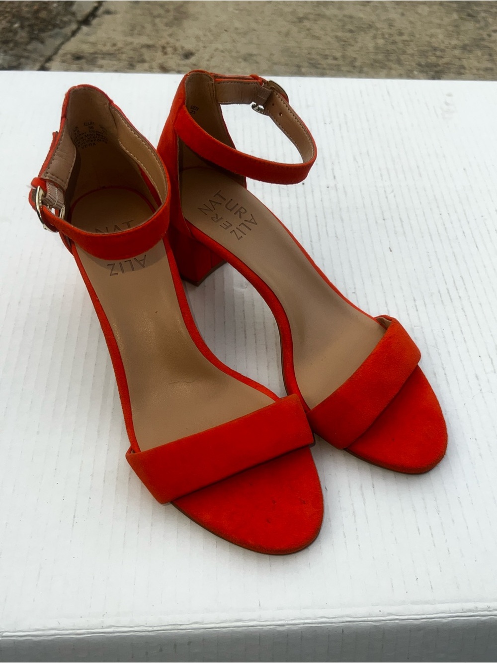 Naturalizer Orange-Red Suede Ankle Strap Block Heels